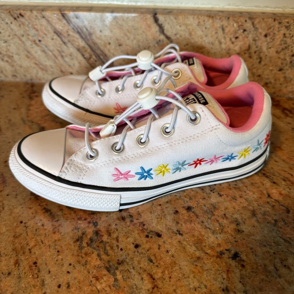 CONVERSE Size 3 Youth Girls White Embroidered Sneakers Shoes